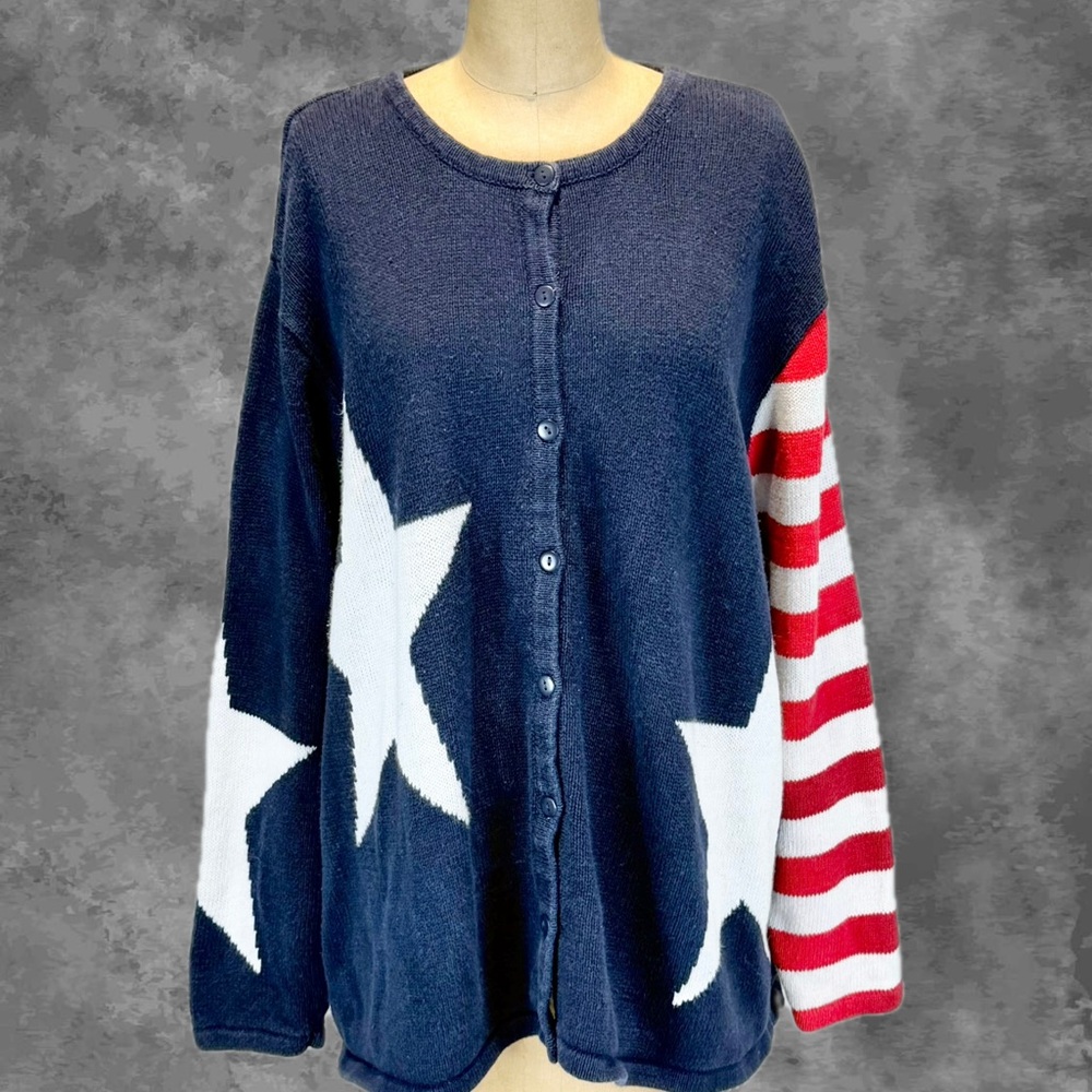VINTAGE American flag stars stripes knit sweater cardigan Quacker Factory plus
